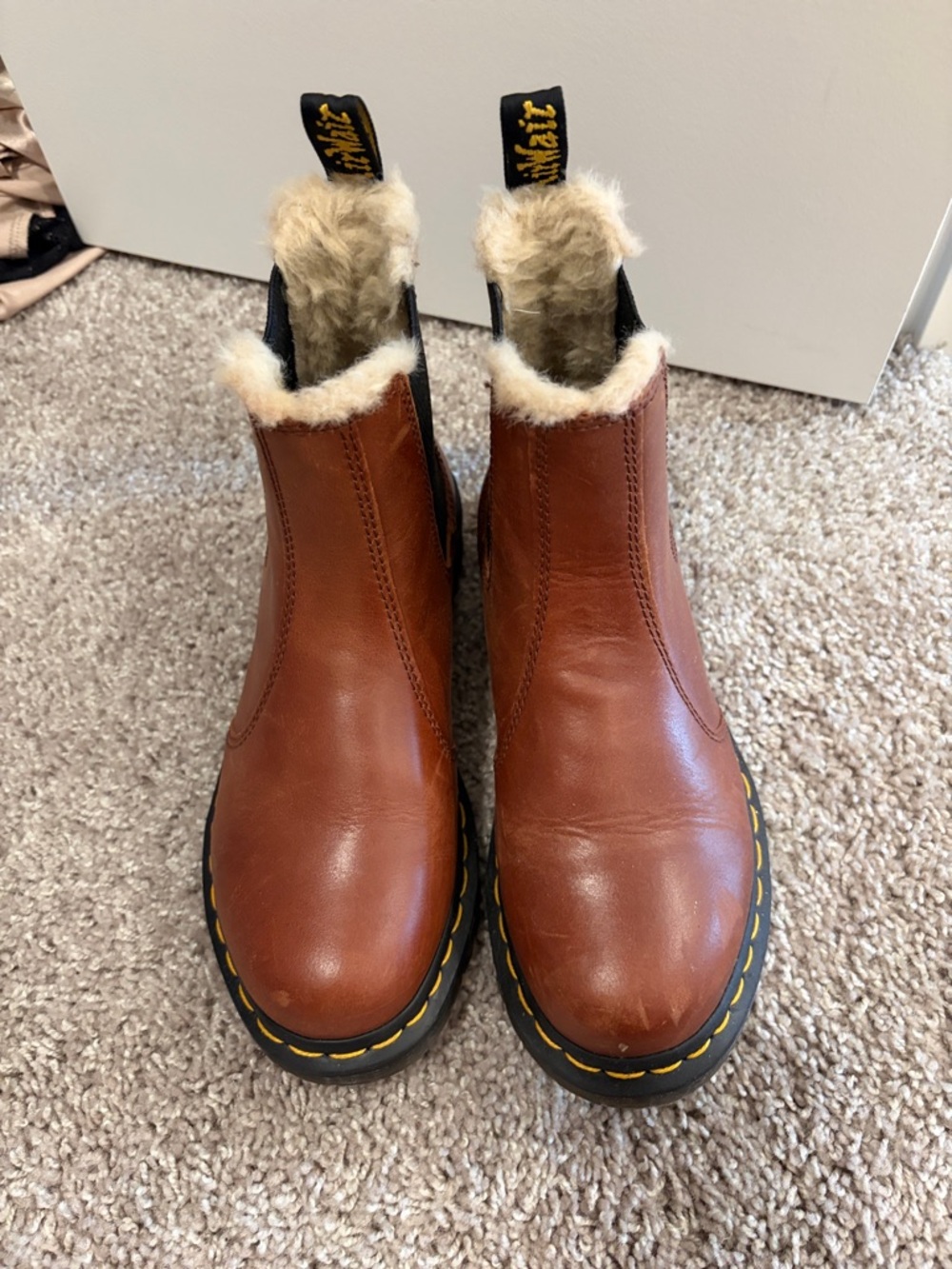 Dr. Martens Tan Leather Fur-Lined Chelsea Booties